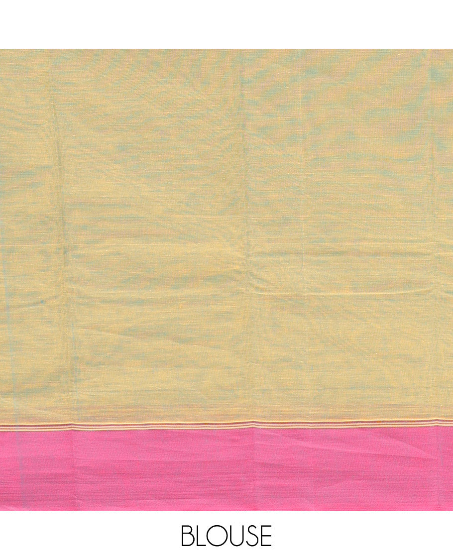 Green Kanchi Cotton Saree, Ornamented with Buttas, Complemented by a Contrast Border, Ogee-Patterned Pallu, and a Matching Blouse