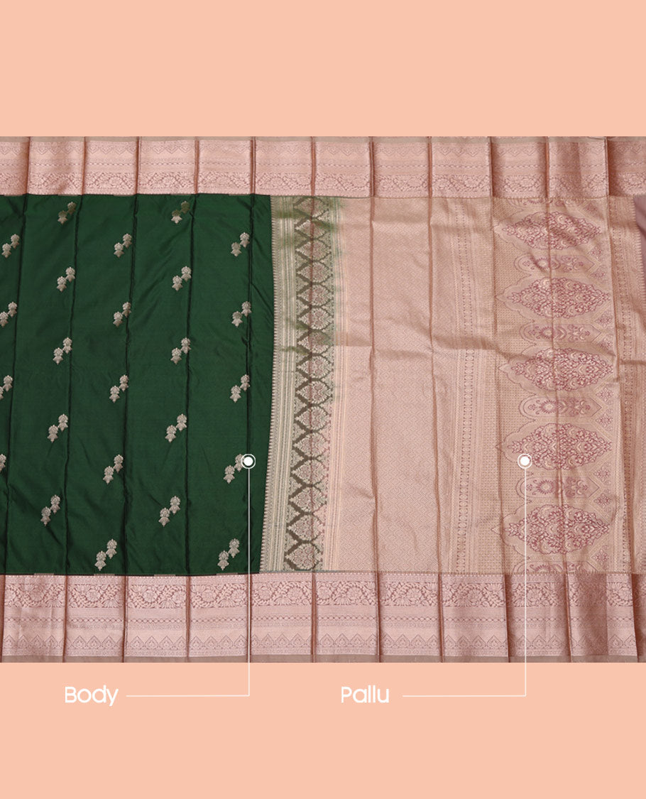 Green Budget Silk Saree, Spotlighted with Zari Buttas All Over Its Body, Complemented by a Contrast Traditional Zari Design Border, Jaal Pattern Woven Pallu, and Paired with a Contrast Blouse