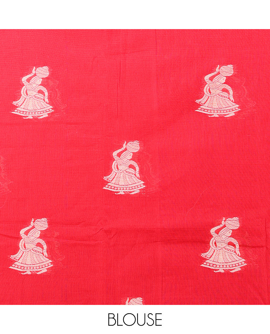 Red Narayanapet Cotton Saree Accentuated with Girl with a Pot Motifs, Subtle Self-Border, Pallu Mirrors the Same Body Motifs, and Paired with a Matching Blouse