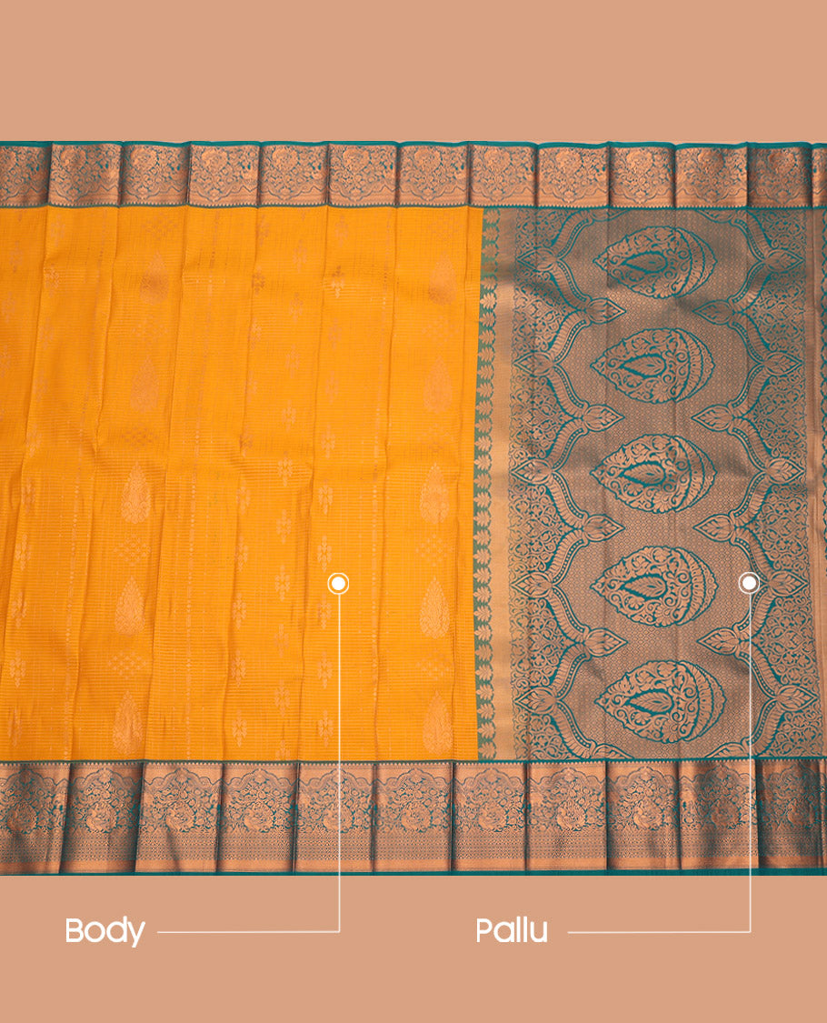 Orange Budget Silk Saree, Subtly Sparkled with Zari Buttas and Checks, Complemented by a Contrast Traditional Zari Border, Grand Pallu, and a Contrast Blouse