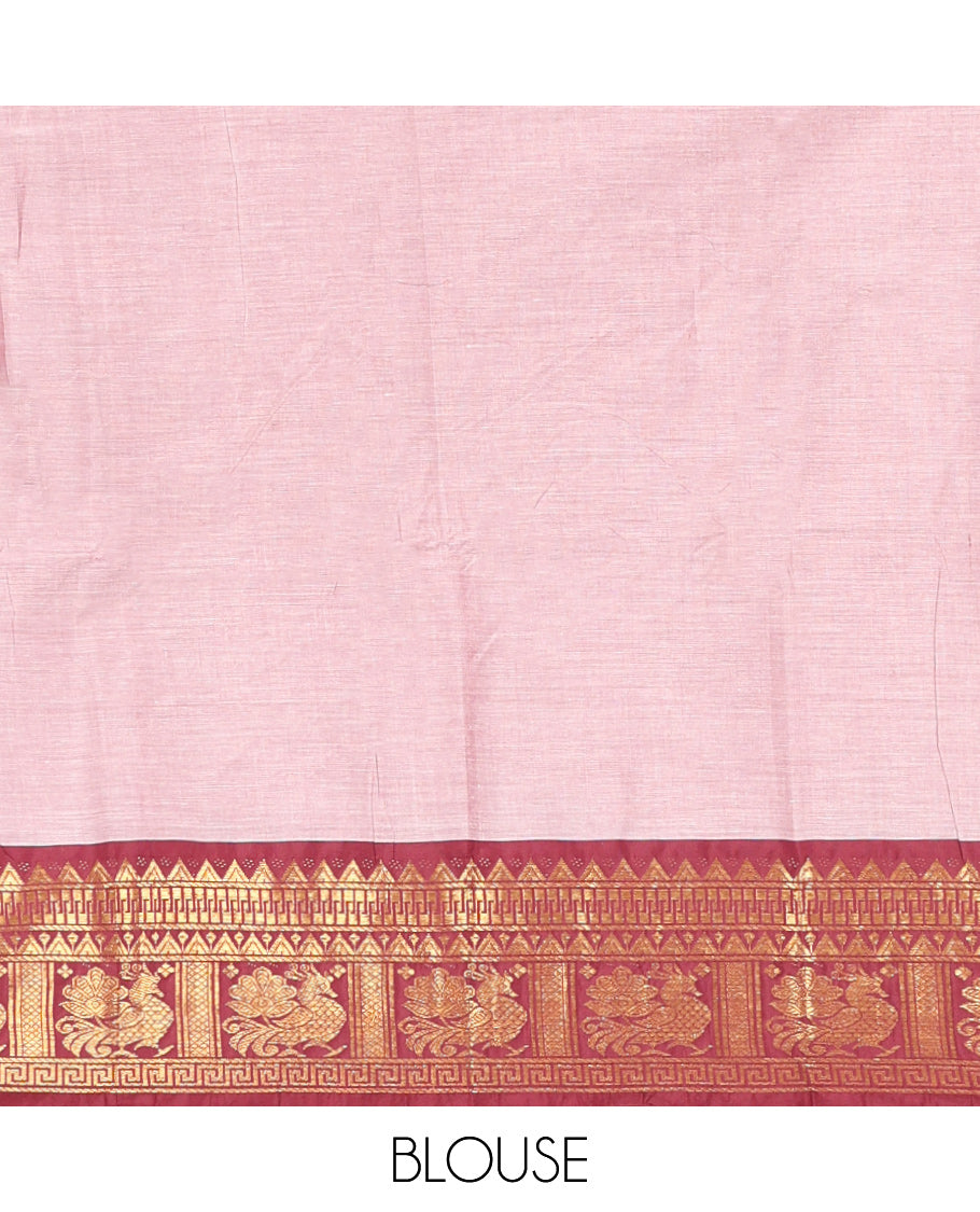 Pink Andhra Cotton Saree, Subtly Printed with Village-Themed Print, a Contrast Zari Border, a Pallu of Patola-Print, and a Matching Blouse