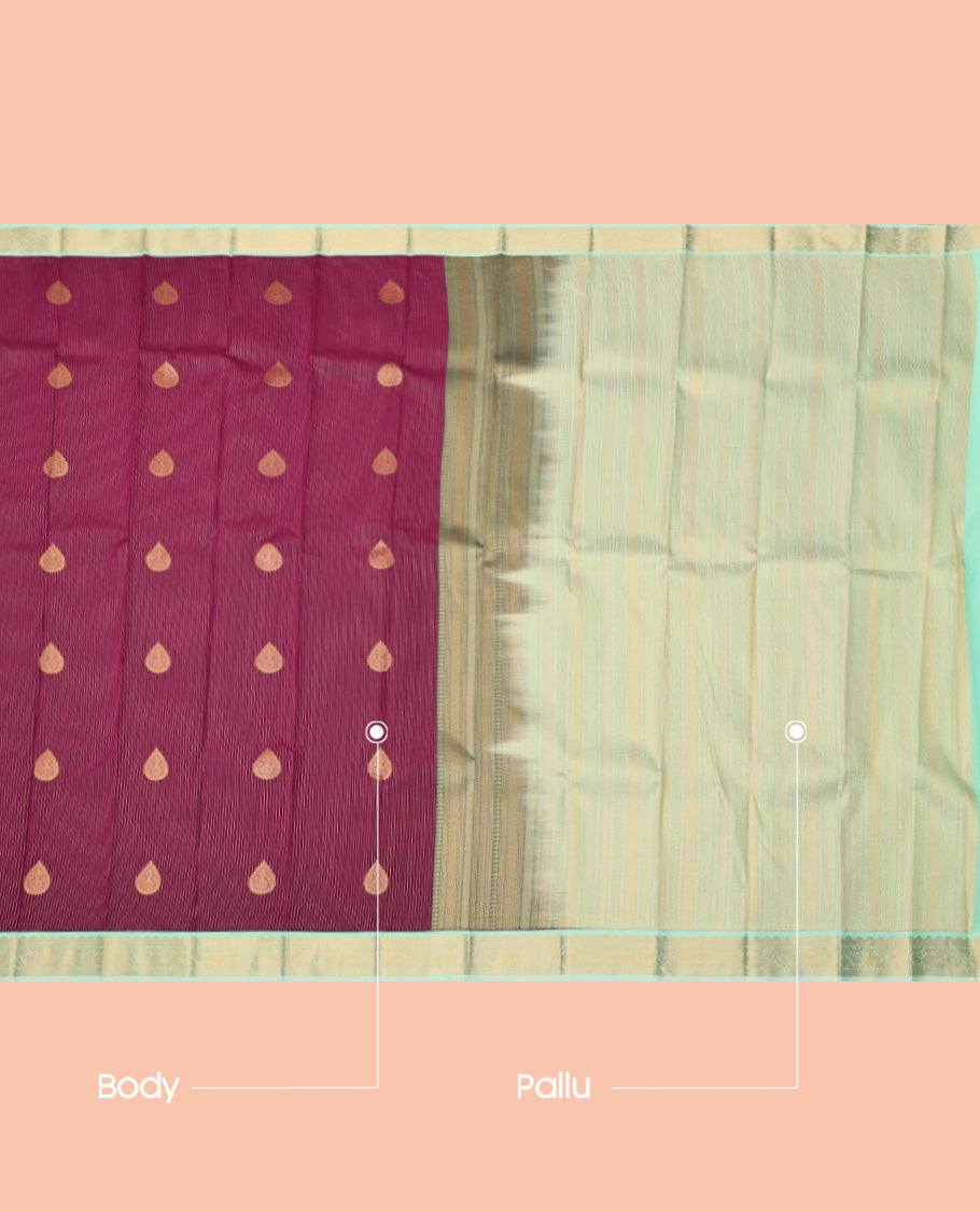 Wine Budget Silk Saree, Crafted with Zari Buttas and Stripes, Complemented by a Contrast Traditional Zari Border, Grand Pallu, and a Contrast Blouse