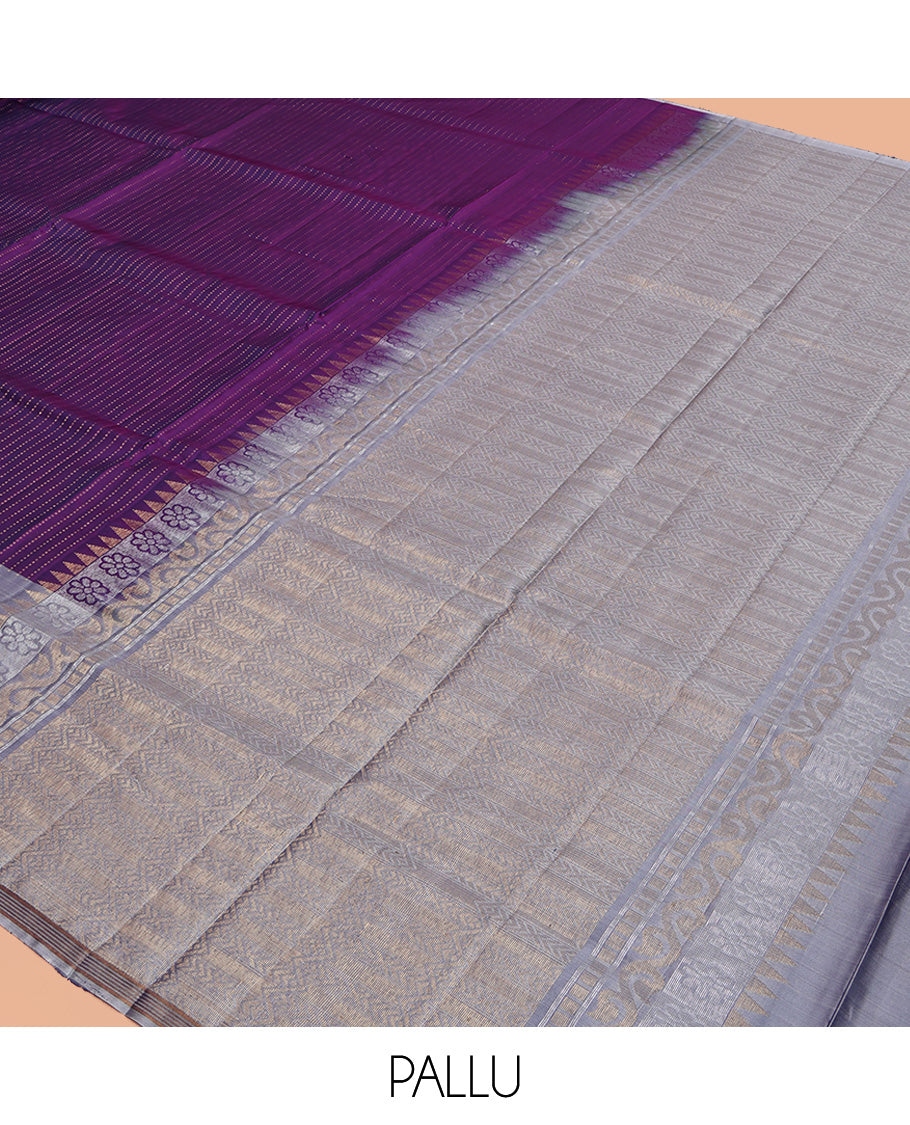Violet Mayuri Lite Silk Mix Saree, Accentuated with Muthu Stripes All Over Its Body, Complemented by a Contrast Border of Yaanai Designs, Pallu of Intricate Designs, and Paired with a Contrast Blouse
