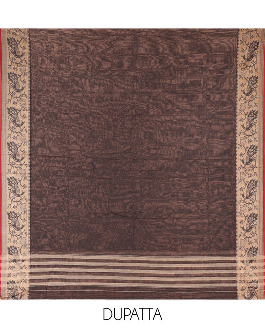 Black Mercerised Cotton Material Churidar Set, Subtly Made Plain with Contrast Floral-Peacock Bordered Top, a Mercerised Cotton Bottom, and Paired with a Mercerised Cotton Peacock-Bordered Dupatta