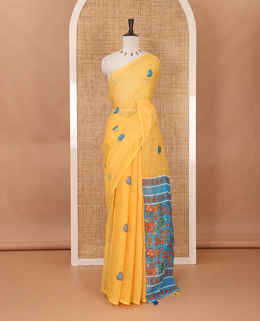 Borderless yellow pichwai lotus printed linen saree, contrast kalamkari floral vine printed pallu & contrast kalamkari floral vine printed blouse