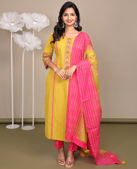Yellow Ready-Made Cotton Suit, Subtly Sparkled with Geometric Weave, 3/4 Sleeves, and a Straight-Cut Top, Paired with Straight-Cut Pants and a Contrast Thread-Work Dupatta