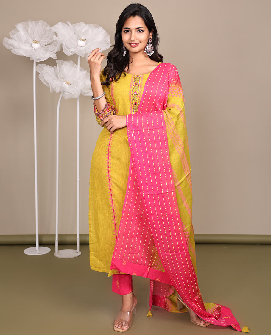 Yellow Ready-Made Cotton Suit, Subtly Sparkled with Geometric Weave, 3/4 Sleeves, and a Straight-Cut Top, Paired with Straight-Cut Pants and a Contrast Thread-Work Dupatta