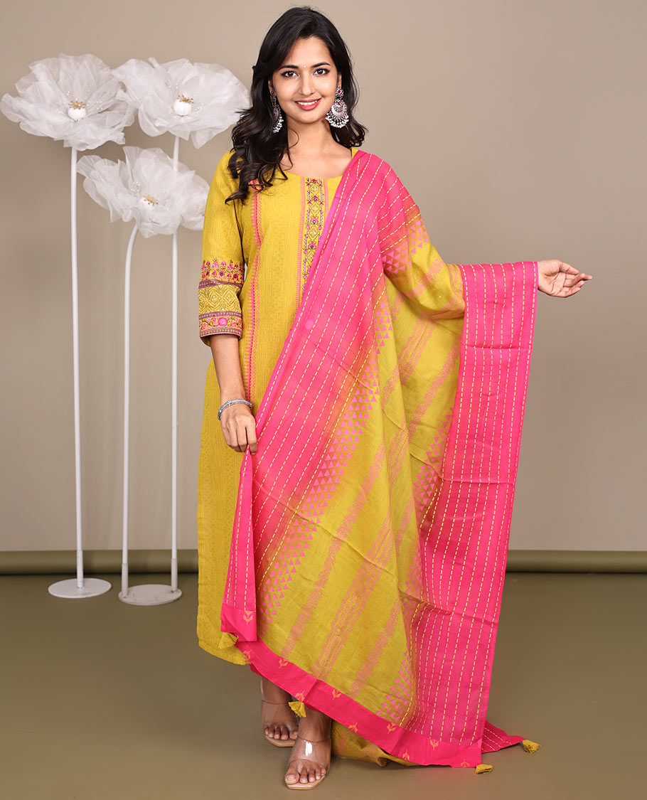 Yellow Ready-Made Cotton Suit, Subtly Sparkled with Geometric Weave, 3/4 Sleeves, and a Straight-Cut Top, Paired with Straight-Cut Pants and a Contrast Thread-Work Dupatta