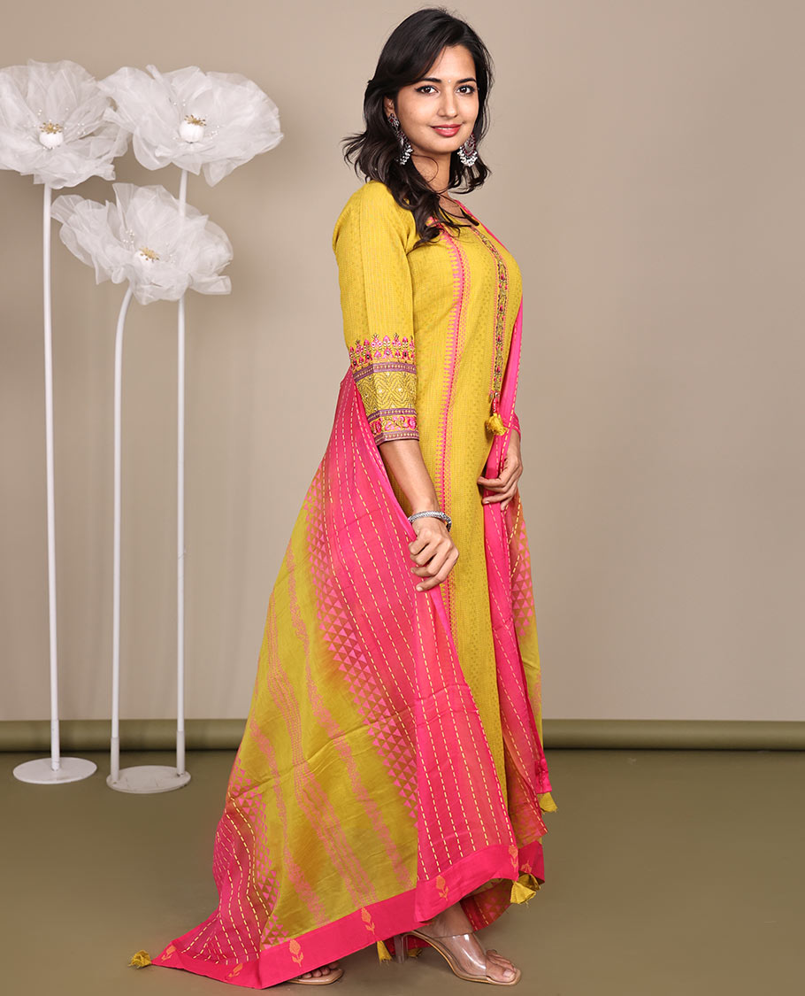 Yellow Ready-Made Cotton Suit, Subtly Sparkled with Geometric Weave, 3/4 Sleeves, and a Straight-Cut Top, Paired with Straight-Cut Pants and a Contrast Thread-Work Dupatta