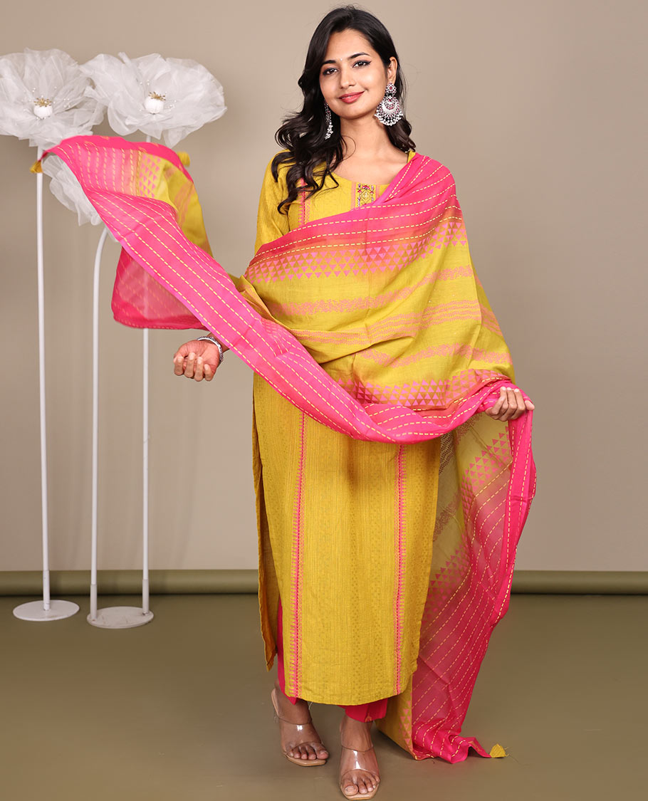 Yellow Ready-Made Cotton Suit, Subtly Sparkled with Geometric Weave, 3/4 Sleeves, and a Straight-Cut Top, Paired with Straight-Cut Pants and a Contrast Thread-Work Dupatta