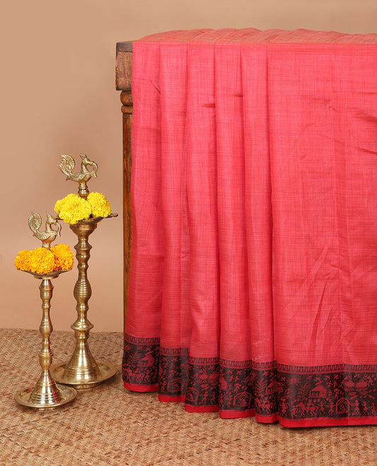 Pink art tussar silk saree with thread border & cheer pallu along with running blouse