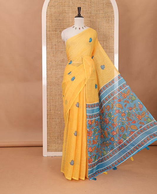 Borderless yellow pichwai lotus printed linen saree, contrast kalamkari floral vine printed pallu & contrast kalamkari floral vine printed blouse