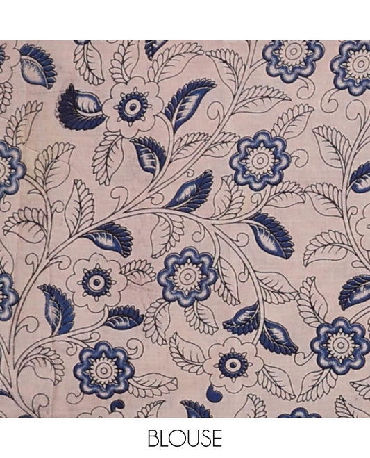 Red floral vine design machine-printed kalamkari cotton saree with floral design border & peacock, geometric design pallu