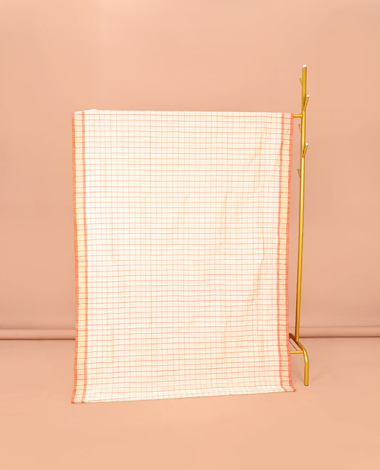 Cream Checked Poly Cotton Saree, Plain Border, Complemented by Contrast Pallu of Stripes, and Paired with a Contrast Blouse