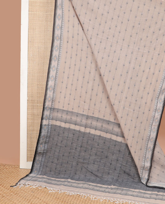 Cream striped, arrow design ikkat cotton saree with contrast floral design border & striped pallu