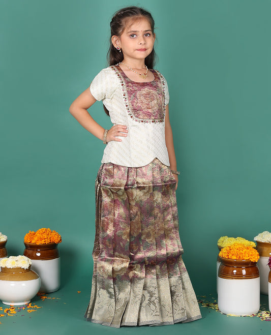 Brown readymade art silk pavadai, floral printed & contrast zari border skirt, & zari buttas half-sleeve round-neck blouse