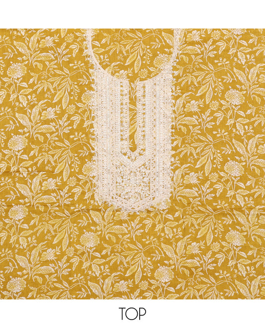Yellow chudidhar material set floral printed with sequins embroidery top, contrast thread embroidery bottom & floral motif thread embroidery scallop border dupatta