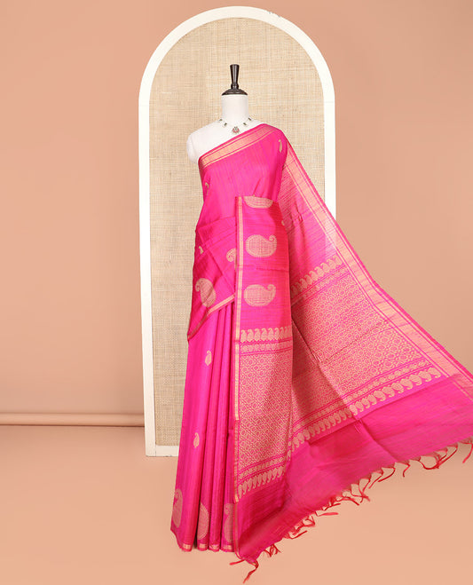 Pink Dupion Silk Saree, Mesmerized with Decorated-Paisley Buttas All Over Its Body, Complemented by a Pallu of Jaal Designs, and Paired with a Matching Blouse