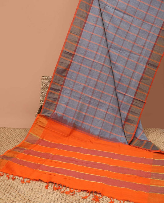 Grey checked kuppadam cotton saree, striped border & contrast pallu of stripes