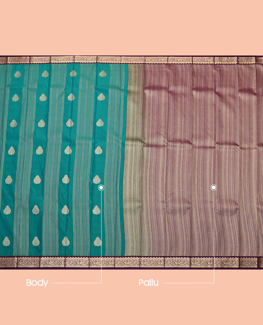 Green Budget Silk Saree, Steeped with Zari Buttas, Complemented by Contrast Traditional Border, Geometric Pallu and a Contrast Blouse