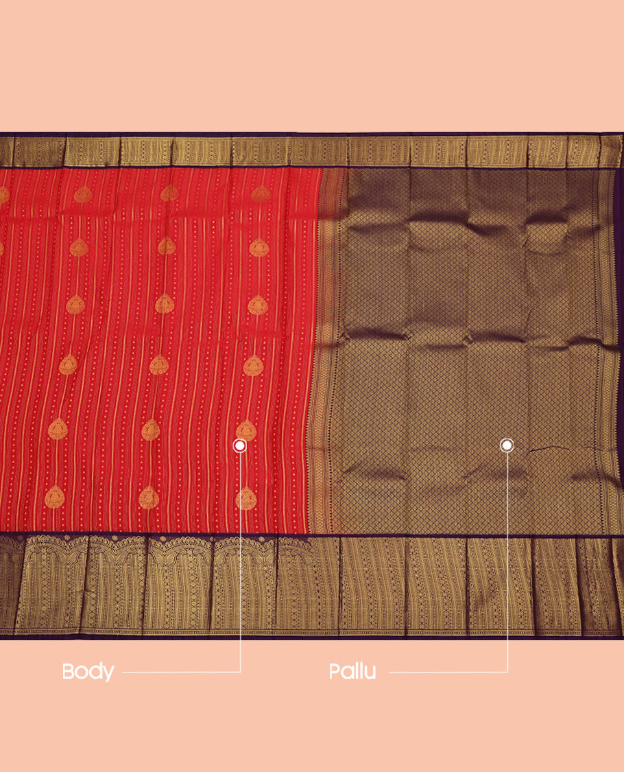 Red Budget Silk Saree, Woven with Zari Buttas on Its Body, Complemented by a Contrast Geometric Zari Design Border, Grand Jaal Pallu, and Paired with a Contrast Blouse