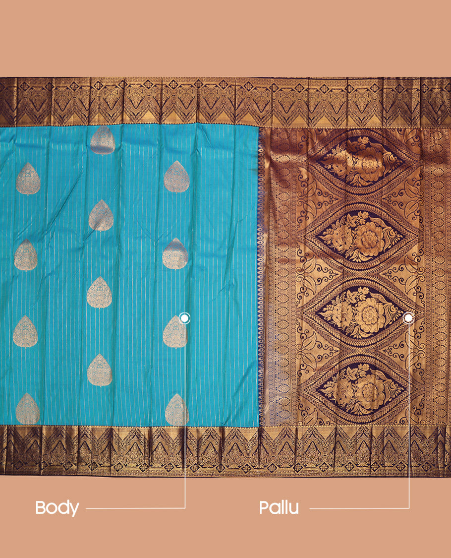 Blue Budget Silk Saree, Elevated with Zari Buttas, Complemented by a Contrast Traditional Border, Grand Pallu, and a Contrast Blouse
