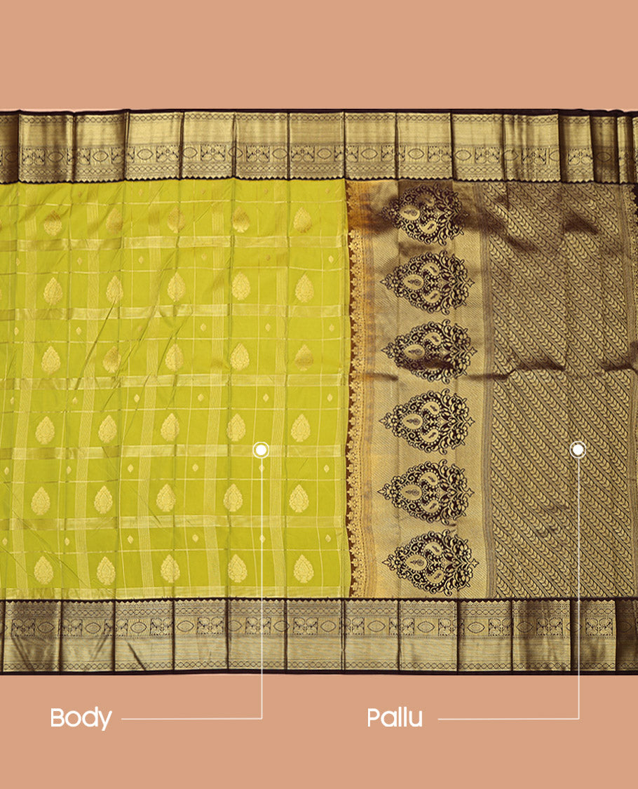Green Budget Silk Saree, Enriched with Zari Butta Enclosed Checked Design on Its Body, Complemented by a Contrast Traditional Zari Design Border, Grand Pallu, and Paired with a Contrast Blouse