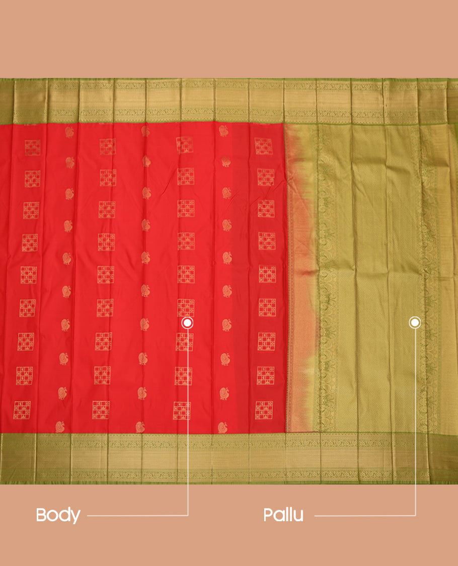 Red Budget Silk Saree, Enriched with Zari Buttas, a Contrast Traditional Zari Border, Intricate Pallu, and a Contrast Blouse