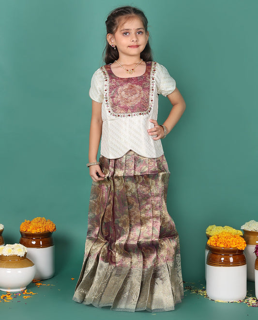 Brown readymade art silk pavadai, floral printed & contrast zari border skirt, & zari buttas half-sleeve round-neck blouse