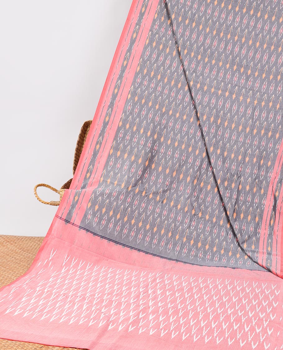 Grey floral design ikkat cotton saree with contrast floral border & geometric design pallu