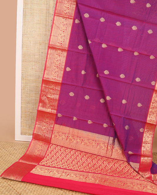 Purple leaf design silk cotton saree with contrast intricate zari design border & floral design pallu