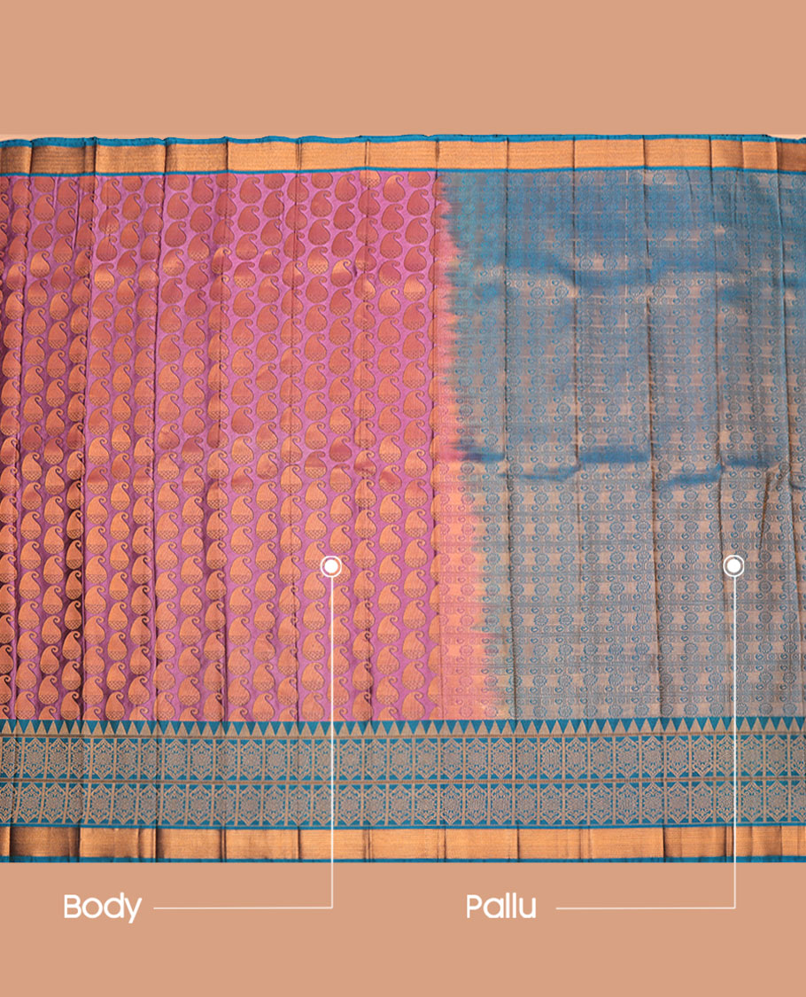 Pink Budget Silk Saree Featuring Paisley Design, Complemented by a Contrast Traditional Zari Border, Grand Pallu, and a Contrast Blouse