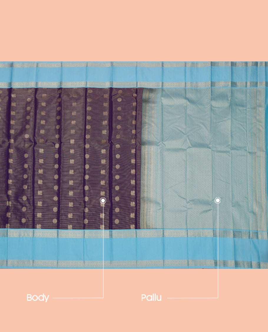 Violet Budget Silk Saree, Mesmerized with Peacock-Chakram Buttas and Stripes, a Contrast Traditional Zari Rettai Pettu Border, Grand Pallu, and a Contrast Blouse