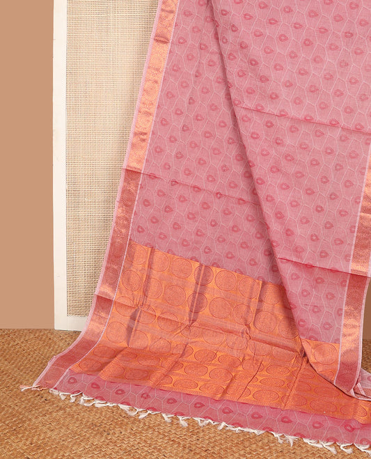 Pink butta enclosed geometric patterned Combatiore cotton saree, chakram zari border & pallu steeped with chakram designs