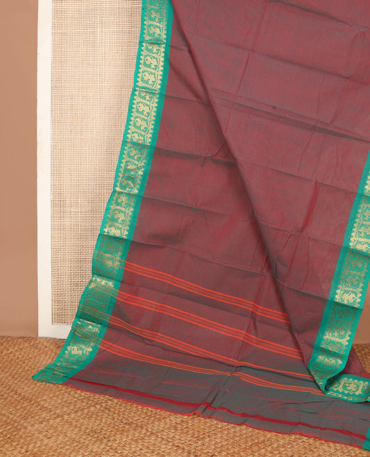 Red dual-tone plain Chettinad cotton saree, contrast zari temple border of human figurines & orange striped pallu