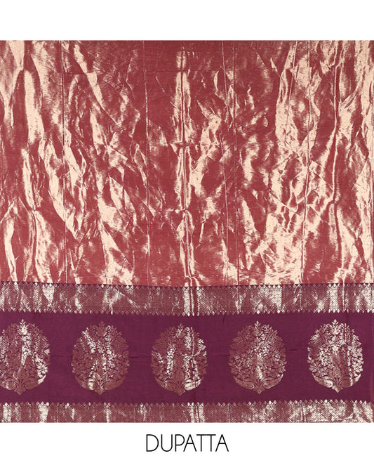 Violet Mul Chanderi Material Chudidar Set, Adorned with Pom-Pom Neckline on Its Top, a Plain Bottom, and Paired with a Banaras Tissue Zari Decked Up Dupatta