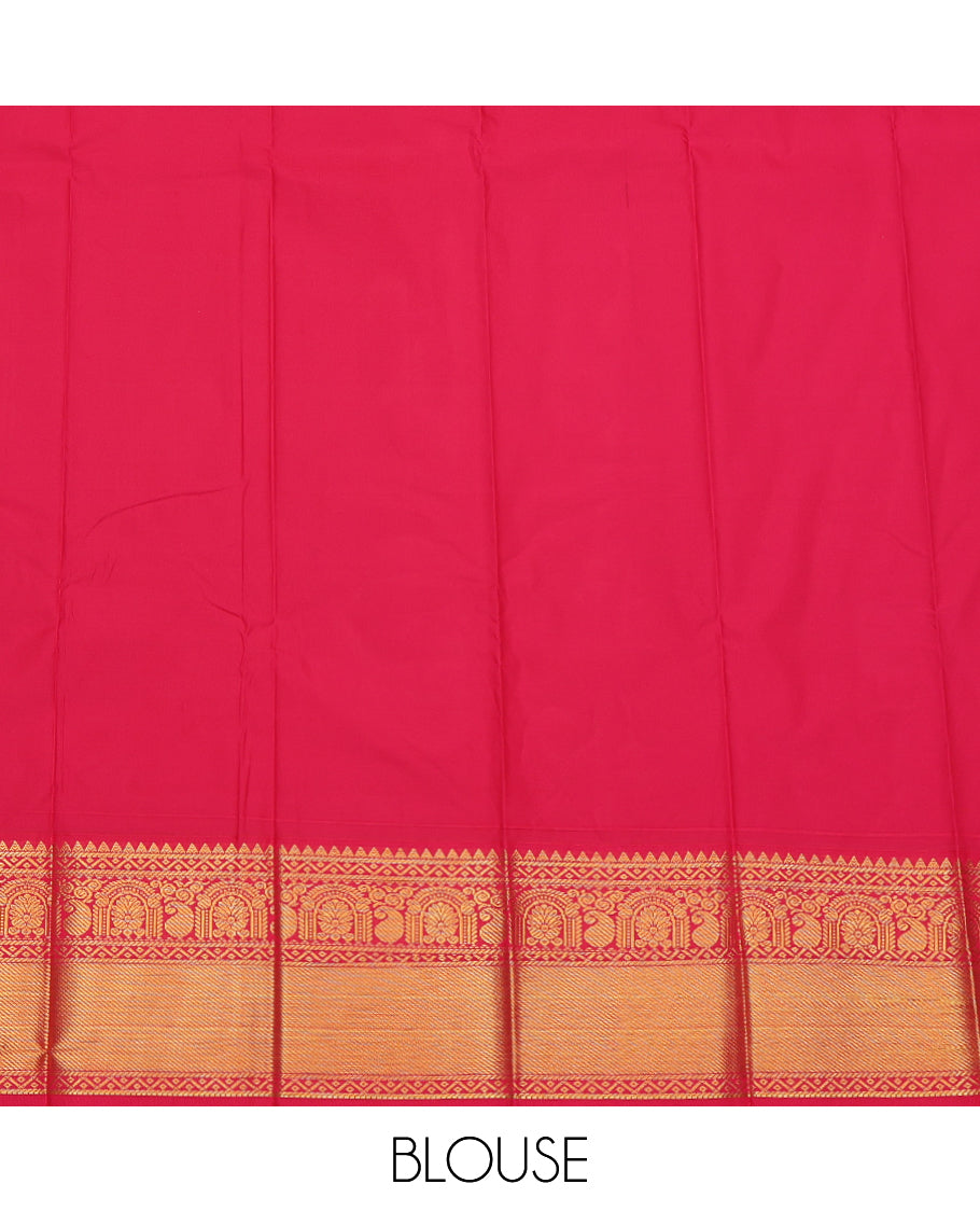 Green Budget Silk Saree, Decked Up with Mayil-Chakram Buttas and Stripes, a Contrast Traditional Zari Border, Grand Pallu, and a Contrast Blouse