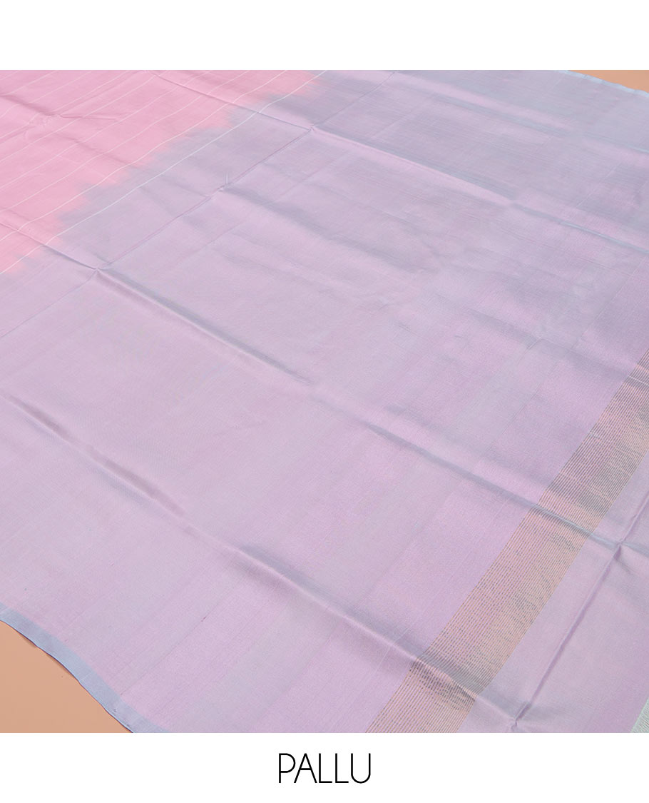 Pink Uppada Silk Saree, Subtly Made with Sparse Stripes All Over Its Body, Complemented by a Contrast Border, Plain Pallu, and Paired with a Contrast Blouse