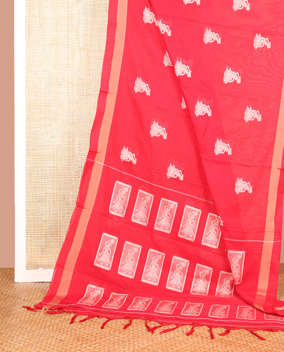 Red Narayanapet Cotton Saree Accentuated with Girl with a Pot Motifs, Subtle Self-Border, Pallu Mirrors the Same Body Motifs, and Paired with a Matching Blouse
