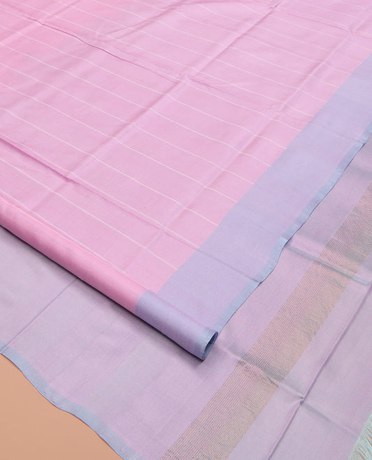 Pink Uppada Silk Saree, Subtly Made with Sparse Stripes All Over Its Body, Complemented by a Contrast Border, Plain Pallu, and Paired with a Contrast Blouse