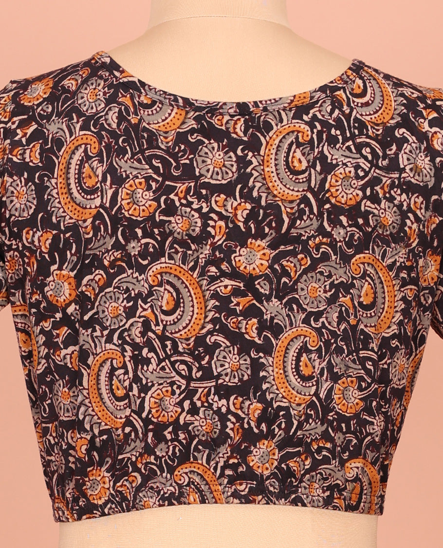 Black Cotton Readymade Blouse Elegantly Framed with All-Over Floral and Paisley Print, Featuring a Front Round-Neck, a Closed Back Neck, and Elbow Sleeves