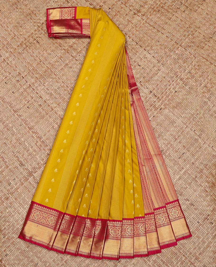 Yellow Budget Silk Saree, Subtly Sparkled with Zari Buttas and Stripes on Its Body, Complemented by a Contrast Traditional Zari Design Border, Grand Geometric Patterned Pallu, and Paired with a Contrast Blouse