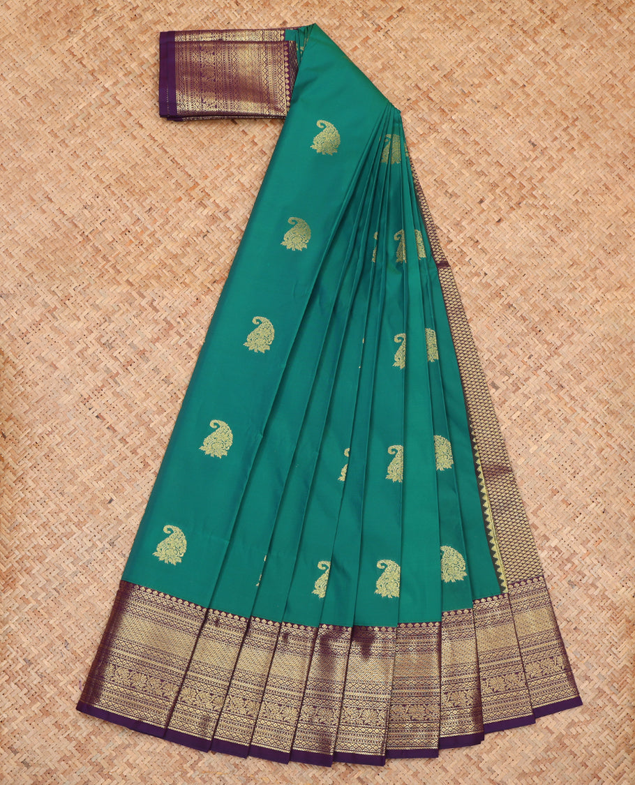 Blue Budget Silk Saree, Showcasing Zari Buttas, Complemented by a Contrast Traditional Zari Border, Grand Pallu, and Contrast Blouse