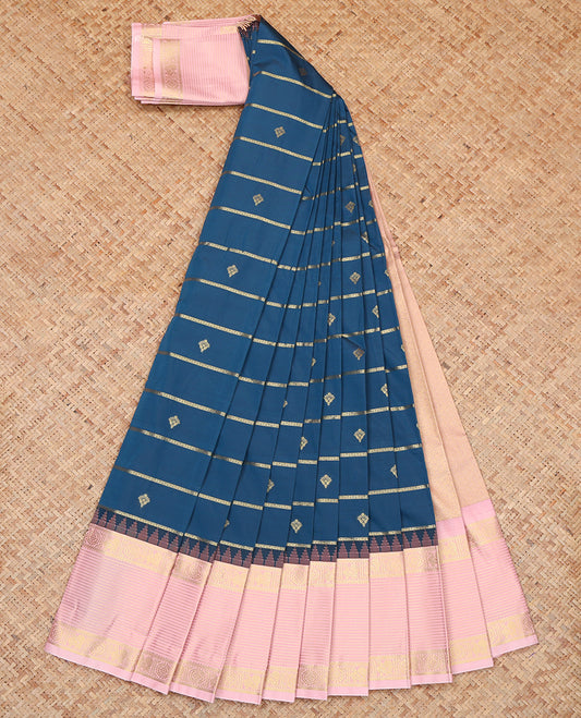 Blue Budget Silk Saree, Ornamented with Zari Buttas and Stripes, a Contrast Traditional Zari Temple Border, Grand Pallu, and a Contrast Blouse