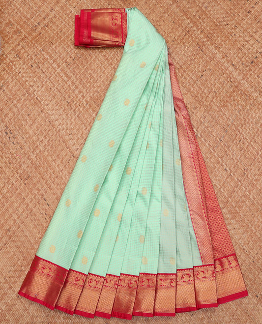 Green Budget Silk Saree, Woven with Zari Buttas and Checks, Complemented by a Contrast Traditional Zari Border, Grand Pallu, and a Contrast Blouse