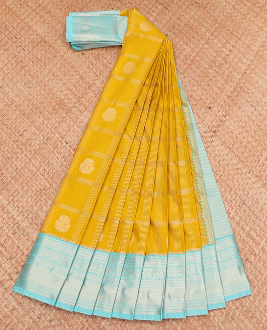 Yellow Budget Silk Saree, Sparsely Sparkled with Zari Butta Enclosed Checks, Complemented by a Contrast Traditional Zari Border, Grand Pallu, and Contrast Blouse