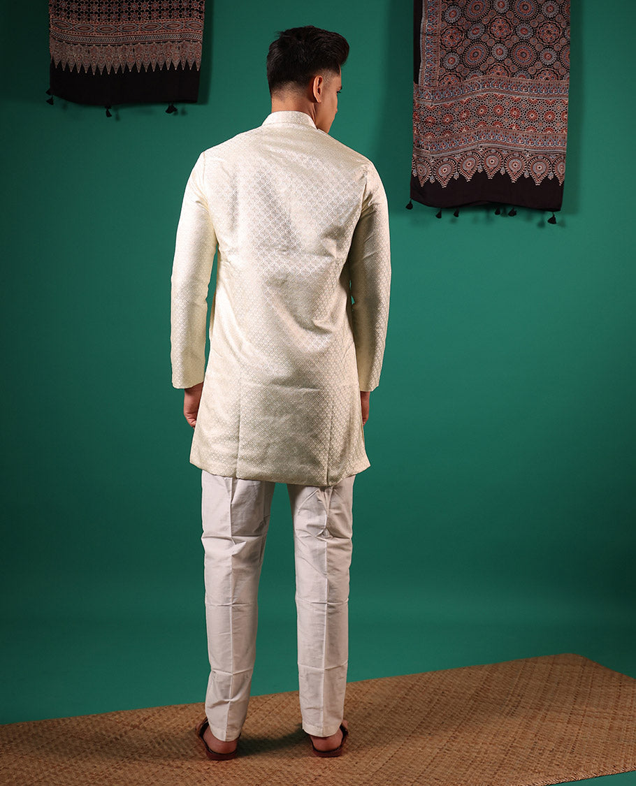 Ivory ogee patterns embossed full-sleeved men's kurta