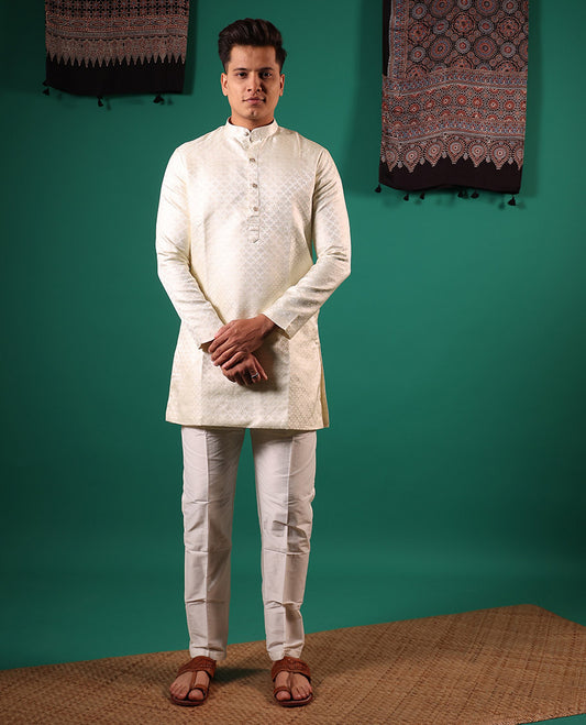 Ivory ogee patterns embossed full-sleeved men's kurta
