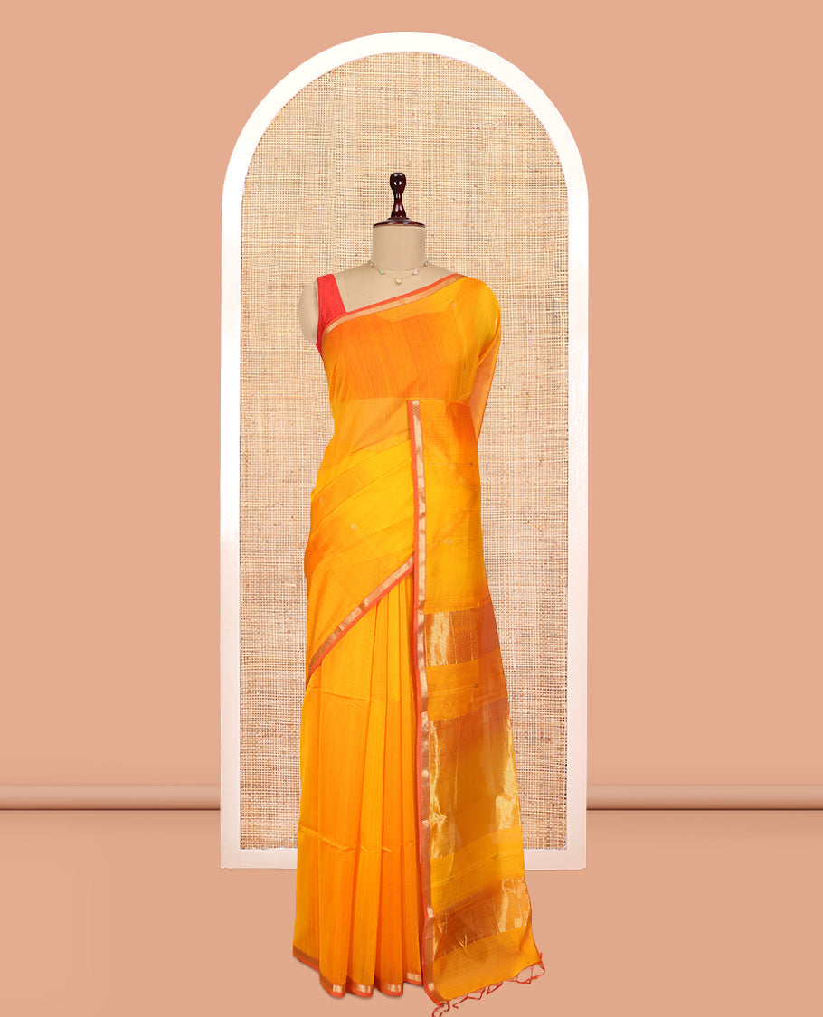 Orange Maheshwari Cotton Saree, Detailed with Zari Buttas, a Contrast Piping Zari Border, Pallu of Zari Design, and a Matching Blouse
