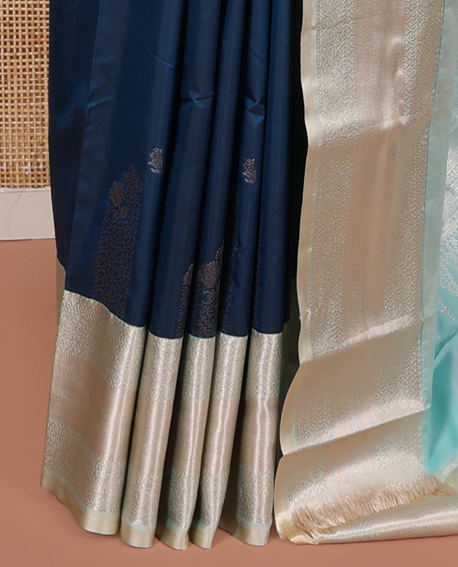 Blue Budget Silk Saree, Accentuated with Zari Buttas on Its Body, Complemented by a Contrast Traditional Zari Design Border, Intricately Designed Pallu, and Paired with a Contrast Blouse